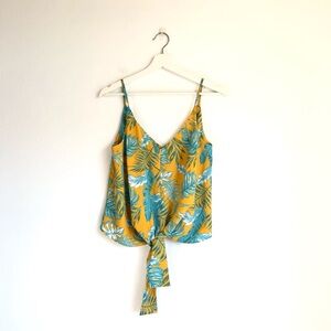NWT ASOS Yellow / Blue Tropical Palm Tree Tie Front V-Neck Tank Top Size US 6